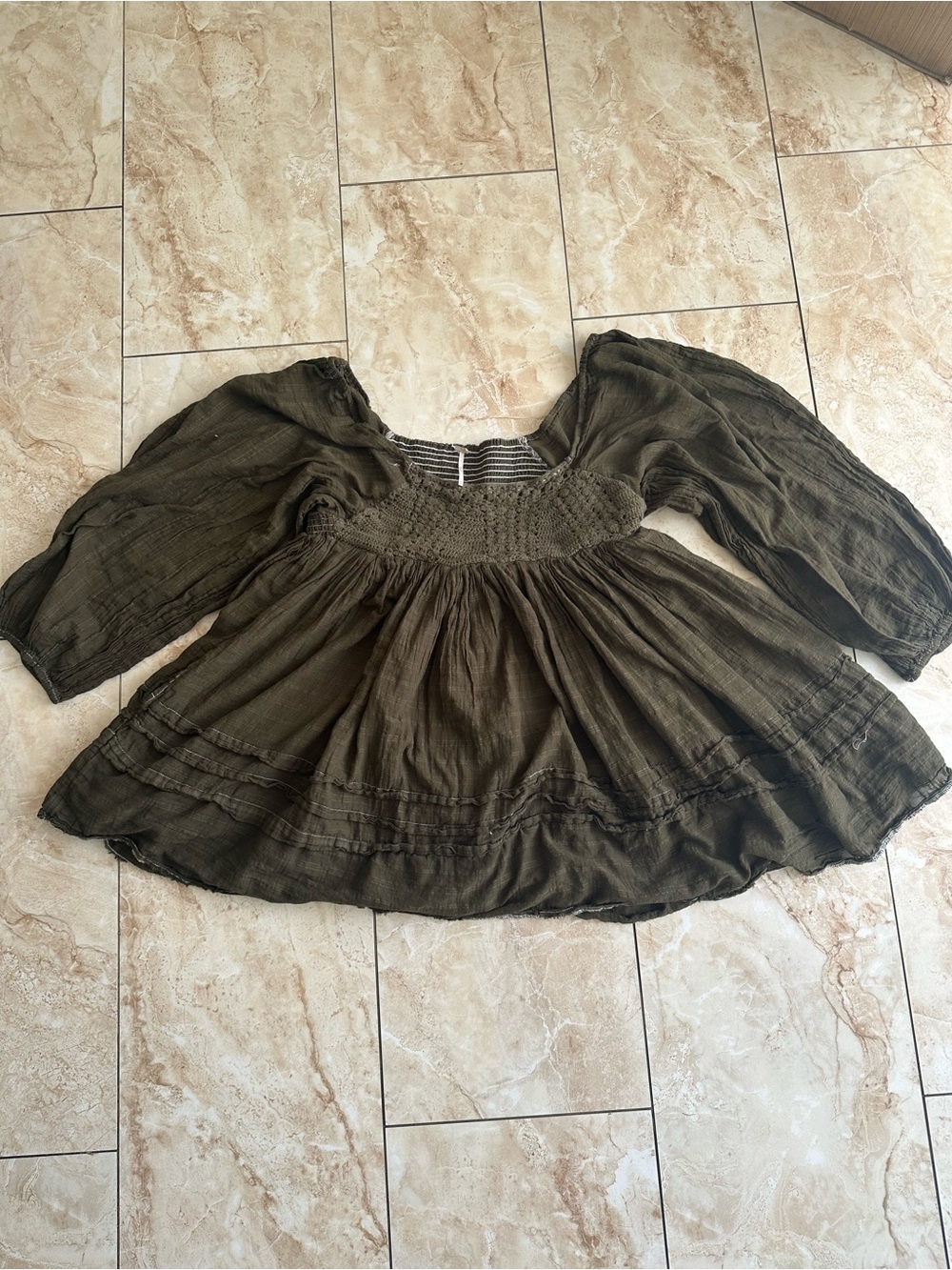 Free People Olive Peasant Tunic with Smocked Waist - Picture 3 of 9